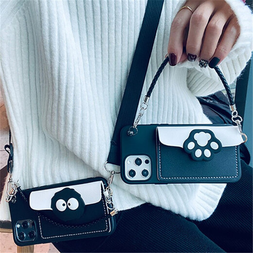 Collar, cat claw, Xiaomi cartoon coin wallet card bag, mobile phone case, camellia crossbody strap, cute women's backpack soft shell, black shell-black coal ball card bag + hand rope + crossbody lanyard, Redmi note10pro