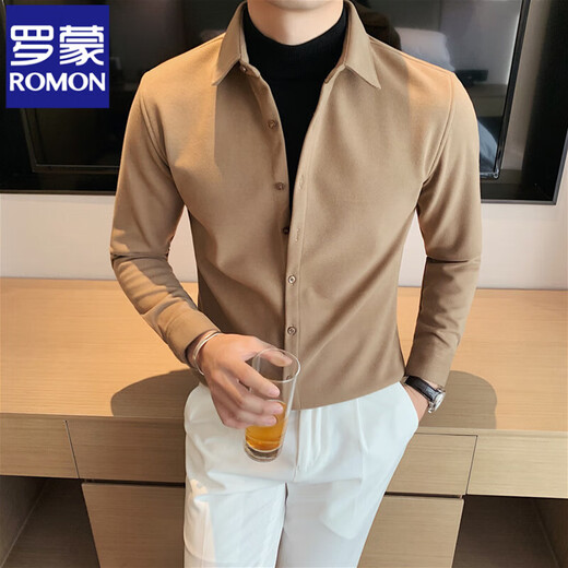 
ROMON warm shirt men's 2025 autumn and winter woolen thickened shirt new style handsome men's top thickened high-end CM9207 blue [wool material] 3XL