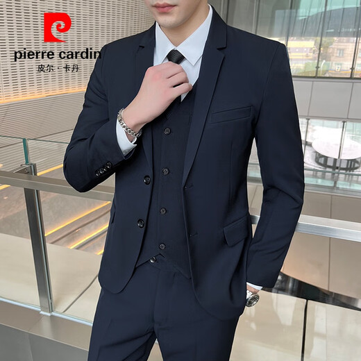 Pierre Cardin Casual Suit Men's Slim Business Professional Formal Korean Groomsmen's Dress Groom's Host Suit Jacket One Button Navy Suit + Vest + Pants Belt 3XL