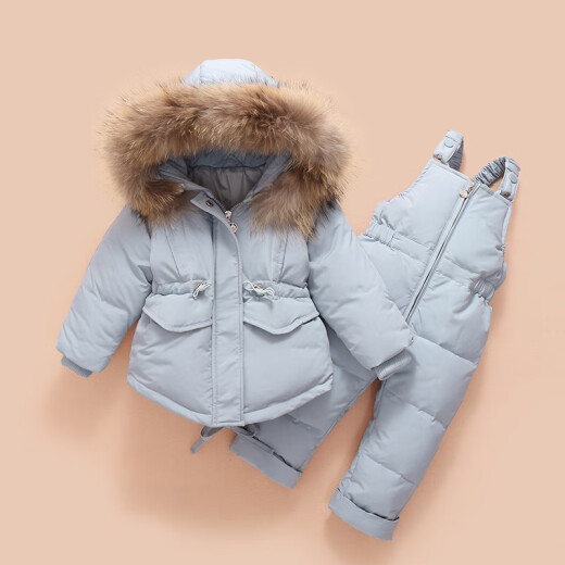 New children's down jacket suit winter new baby overalls for boys and girls raccoon fur ski suit light blue size 80 suitable for 75-85 cm {8 months-1 and a half years old}