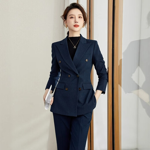 ROMON high-end professional suit suit for women, thick temperament, autumn and winter work clothes, hotel manager gray casual suit, navy blue suit + trousers M