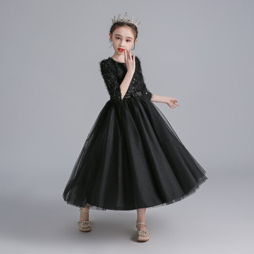 Xiaokayi Nong children's princess dress skirt fluffy gauze flower child wedding dress girl high-end small host piano performance evening dress autumn long-sleeved plus size performance catwalk clothing winter style black long 100cm