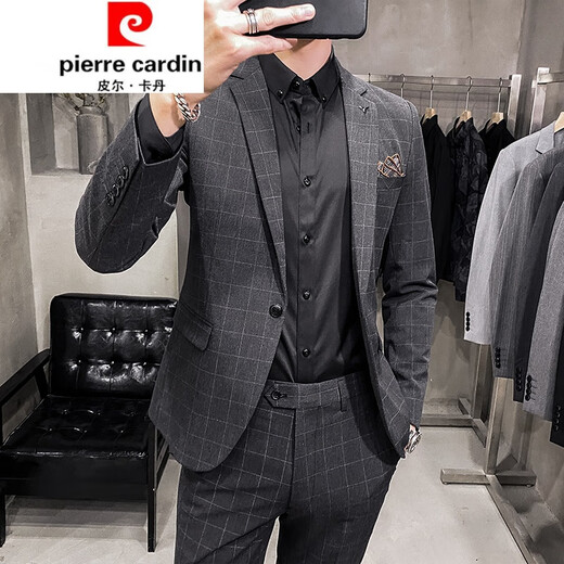 Pierre Cardin light luxury high-end brand men's fashion plaid suit men's suit youth slim British style handsome suit men's handsome casual jacket light luxury knitted dark gray suit and pants L