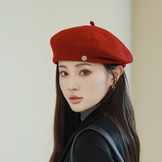 Jimmy Leaf's light luxury British retro wool painter's hat for women Korean autumn and winter new versatile face-showing beret burgundy one size fits all (56-58cm)