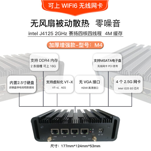 FISUSEN 4-port j4125 soft router n4000ES wireless wifi6 mini X86 enterprise router j1900 S4 thin section-j4125-wifi6 no disk no memory no power supply