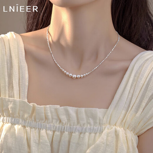 Lnieers925 Silber zerkleinerte silberne Perlenhalskette für Frauen Hochgeschwindigkeitslächel -Speise Design Shi Jia Qiang Leichte Schlüsselbeutel Kette Frauentag Geschenk [S925 Silber] Shi Jia Zhu gebrochene Silber Halskette