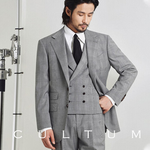 CULTUM high-count double-ply worsted wool half-linen lining English Prince's check suit suit men's business professional suit three-piece suit Prince's check white single suit M (52A)