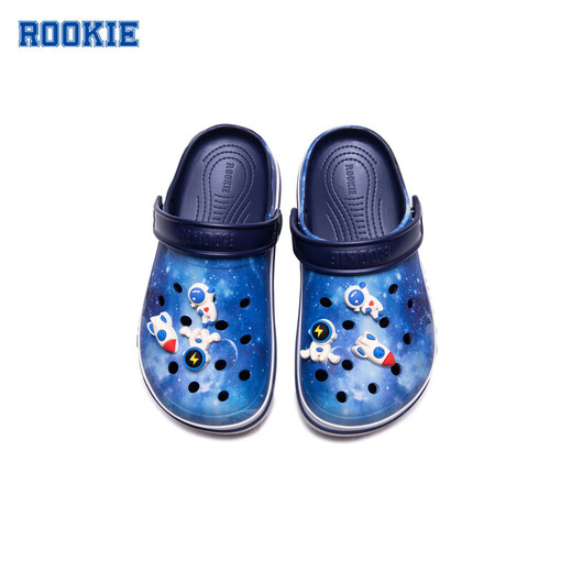ROOKIE children's shoes, boys' and girls' clogs, summer new children's beach toe-cap sandals, with 6 cartoon buckles, feather white/midnight blue 31 32, suitable for feet 19.5-200cm long