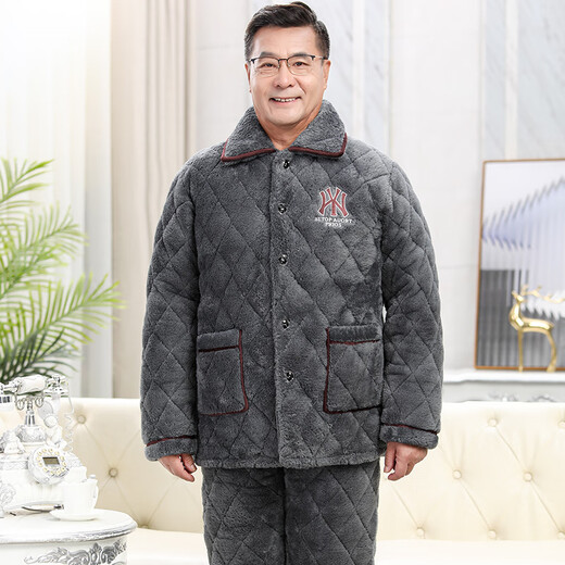凯旋世家男士睡衣冬季加厚加绒珊瑚绒三层夹棉中老年爸爸家居服套装秋冬款 C9921#黑灰色男【长毛绒】 XXL(145-165斤)三层加厚
