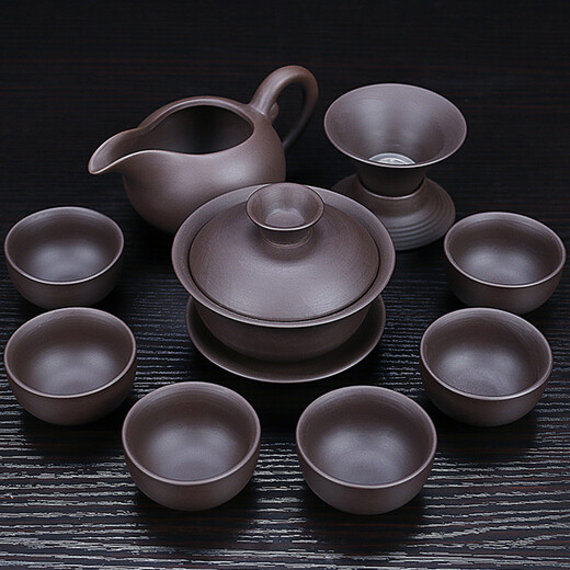 Porcelain purple sand tea set kungfu household original ore purple sand pot with lid bowl teacup set office ceramic teapot tea ceremony gift gift 10 pieces original ore purple sand lidded bowl