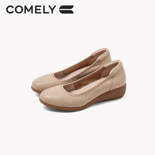 
COMELY soft cowhide single shoes for women's spring round toe comfortable flat shoes soft sole commuting versatile mother shoes apricot color 39