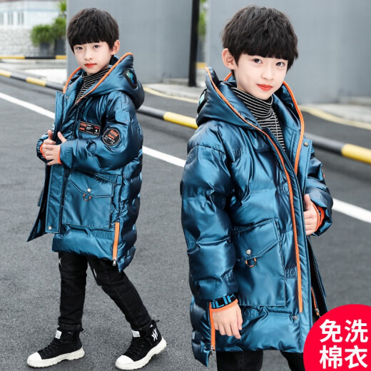 Harle Sheep Children's Clothing Boys' Jackets Winter Cotton Clothes 2020 Winter New Style Medium and Large Children's Glossy No-Wash Korean Version Thickened Padded Mid-Long Sports Down Warm Hooded Windbreaker Lake Blue 150
