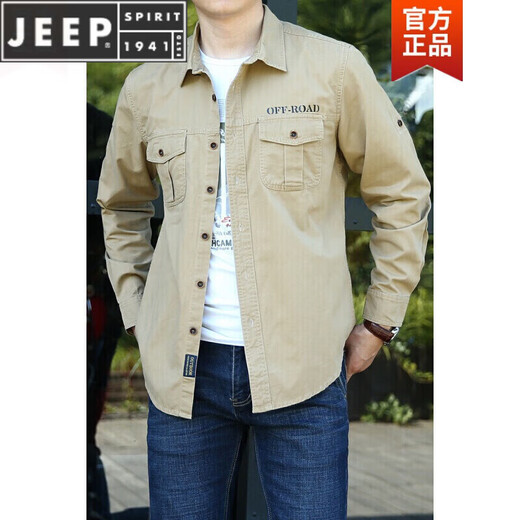 JEEP SPIRIT长袖衬衫男士春秋休闲纯棉大码宽松衬衣青年上衣薄款外套男 加绒军绿色 1389 XL