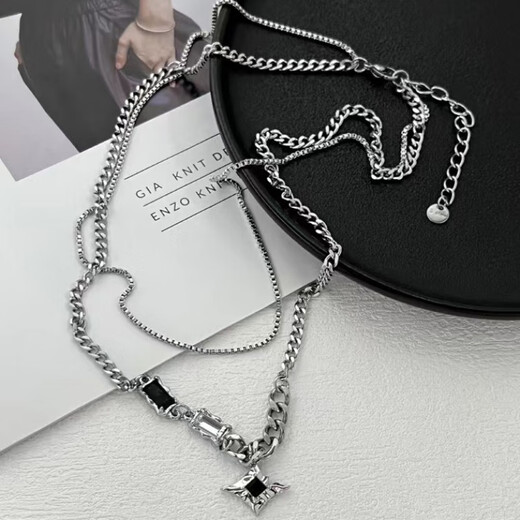 Cai Leiya Mangxing Double-layer Necklace Men's Trendy Sweater Chain Light Luxury Niche Design Hip-Hop Style Couple Boy and Girl Clavicle Chain Mangxing Black Stone Splicing Necklace