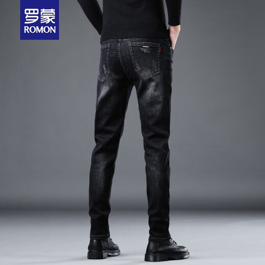Romon Herbst High-End Black Jeans Männer schlanke Hosen Katze Whisker Vielseitiger elastischer Trend Herren-Langhose 1049 Gray plus Samt 28
