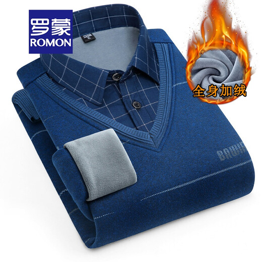 Lomon Brand Herbst und Winter plus Samt verdickter Pullover für Männer gefälschter zweiteiliger Pullover Herbst und Winter New Style Velvet verdickte modische Pullover mittleren und junger Pullover für Männer JV6621 Navy Blue 170/L