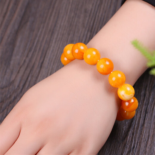 Holy glass is similar to natural chicken fat, yellow old beeswax bracelet, large amber Buddha bead bracelet for men and women, floating in salt water and fluorescent, bead diameter 16mm, 14 beads