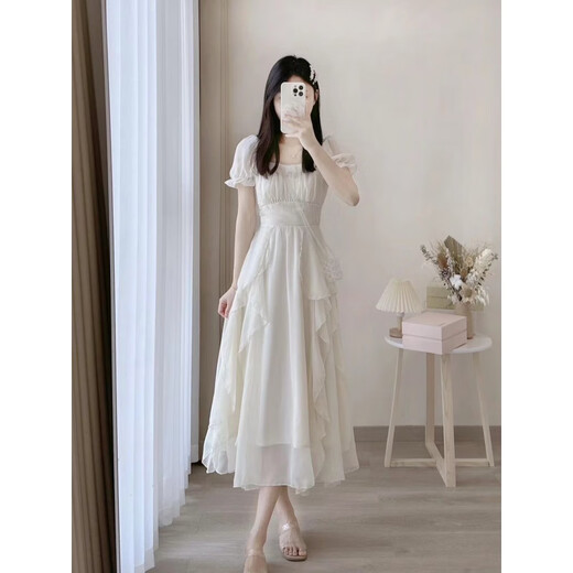 NY-RCE French White Fairy Kleid für Frauen im Sommer Neue Superfee Prinzessin Kleid sanftes Stil langer Rockkleid M [90-100jin [Jin gleich 0,5 kg]]