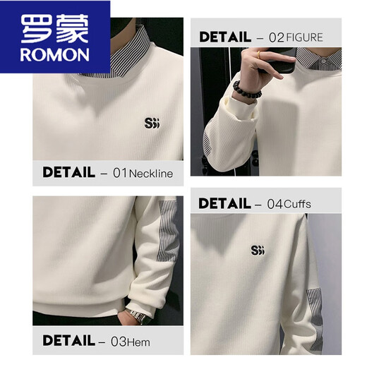 ROMON fake two-piece sweatshirt for men's spring and autumn style 2024 new autumn splicing top men's casual long-sleeved T-shirt white WY1392 M [recommended 115Jin [Jin equals 0.5 kg]]