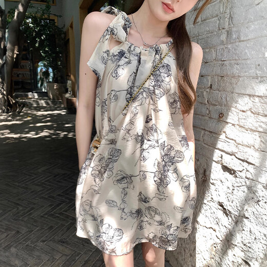 
Miaoyijia new Chinese suspender dress for women's skirt summer women's clothing 2025 summer new style floral pure and lustful small person ink and wash neck dress [one size]