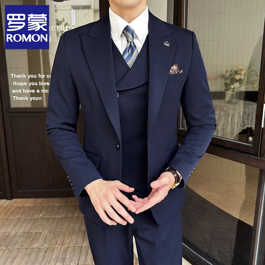 ROMON Italian groom suit men's wedding formal dress Korean style slim lapel business casual suit jacket 9002 navy blue (suit + vest + pants) XL