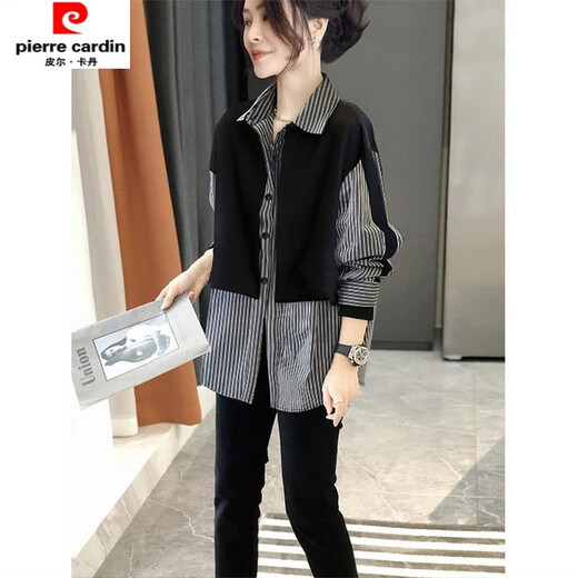 Pierre Cardin 2025 early spring new Hong Kong style fake two-piece spliced striped long-sleeved shirt for women loose and versatile polo collar top picture color XL115-125Jin Jin equals 0.5 kg