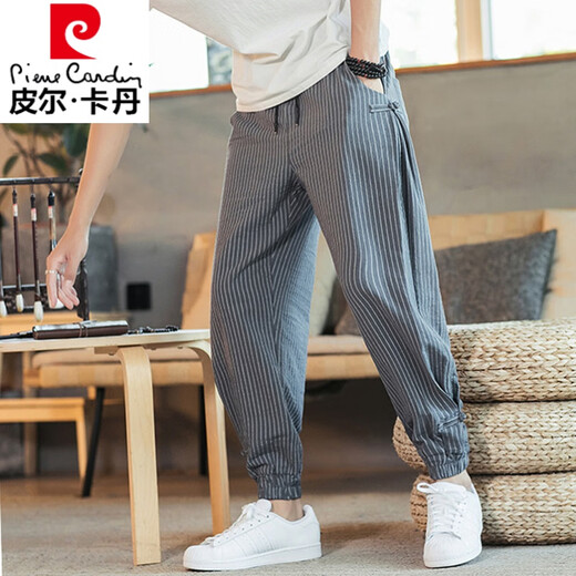 Pier Cardan linen pants for men's summer thin cropped pants tucked feet Harem pants Chinese style men's pants striped cotton linen pants trendy MK983 black L (115-135Jin[Jin equals 0.5 kg])
