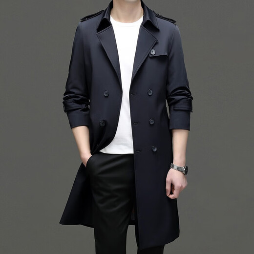 NOSSKISS international high-end men's brand windbreaker men's autumn and winter lapel workwear business casual long over-the-knee drop coat navy blue 3XL 190