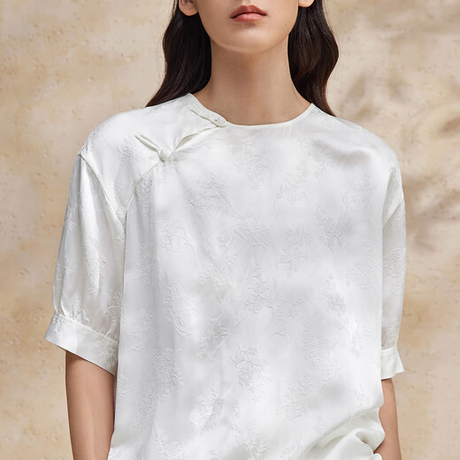 BO [neuer chinesischer Stil] Bobing Button Round Hals kurzärmeliges Hemd für Fraueneinkaufszentrum Gleicher lose Temperament Top BDR2HD1396 W40 Weiß S