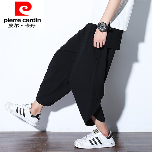 皮尔卡丹（pierre cardin）夏季亚麻七分裤男潮流大码灯笼裤泰国阔腿萝卜裤宽松休闲哈伦短裤 黑扇子 5XL (210-245斤)