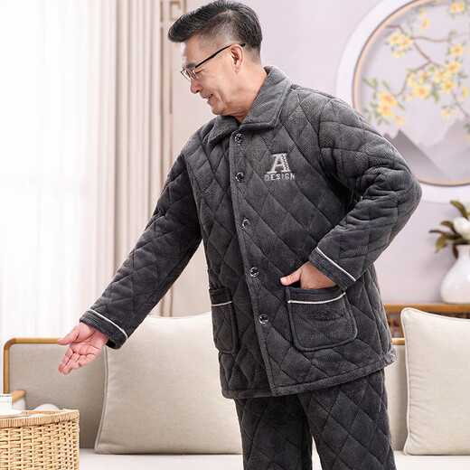 随阅男士睡衣秋冬季三层加厚加绒珊瑚绒夹棉保暖中老年家居服爸爸套装 N9926F蓝 牛奶绒 升级加厚 L码(90-120斤）
