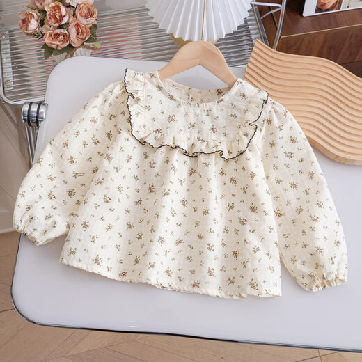 Shanou 2026 Spring and Autumn New Girls Floral Shirt Korean Style Western Style Children's Long-Sleeved Doll Shirt Baby Bottoming Shirt YSS Off-White 90 cm