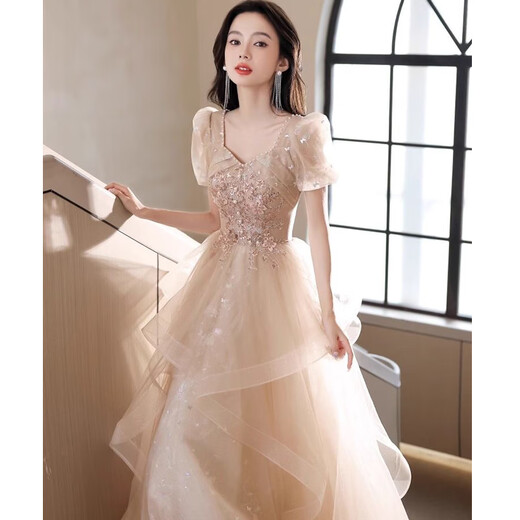 唐努乌（Tang Nu wu）高端法式晚礼服女毕业新款成人礼服演出服宴会气质声乐艺考长裙 香槟色 M 【95-105斤】