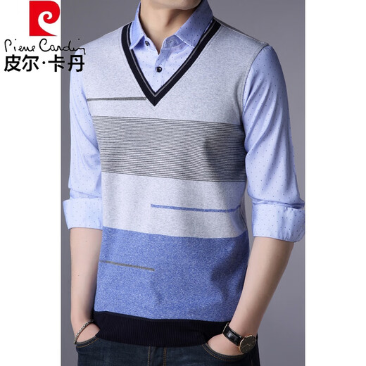 皮尔卡丹（pierre cardin）春秋季中年男t恤薄款衬衫领长袖休闲假两件套男装小衫春季上衣服 3879蓝色 L 170/50(120-140斤)