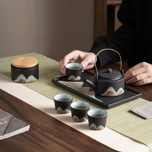 SUSHI CERAMICS hand-painted Kung Fu tea set with beam teapot and dry brewing tea tray and tea can 7-piece set holiday gift box J0182