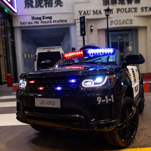 没玩没了儿童电动车警车男女小孩带遥控玩具车可坐人宝宝童车越野车 低配黑色双驱警笛警灯带遥控硬轮
