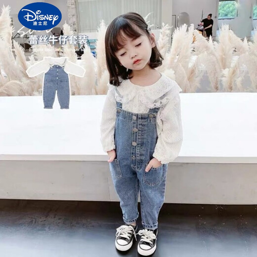 Disney Girls Suit Spring and Autumn Internet Celebrity Korean Style Fashionable Baby Girl 2022 New Children's Overalls Spring Clothing Denim Overalls Suit 100 Suitable for Height 90-100cm Age 3-4 Years Old