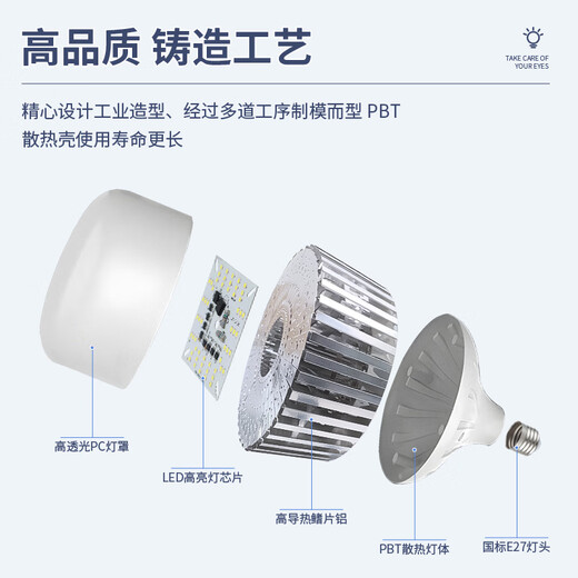 Platinum LED bulb E27 high-power high-brightness energy-saving lamp fin aluminum construction site workshop lighting super bright bulb 100W