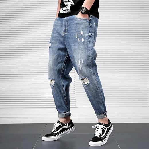 Zehn Kran zerrissene Jeans Männer losen Frühlings- und Sommer-Kumpel-Hosen-Männer abgerissene Bettlerhosen HARUN COW PANS Blue 30 (115-125jin [Jin gleich 0,5 kg]))