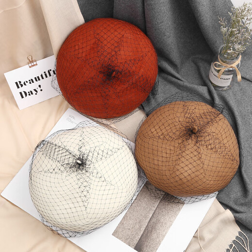 Tuzun hat for women in autumn and winter wool lace mesh beret British retro painter hat Korean Japanese beret fashion black suggested head circumference (56-58cm)