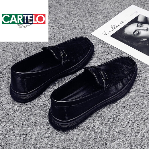 CARTELO trendy brand 2025 spring and summer new men's shoes business men's British casual leather shoes thick sole bean shoes lazy 9905 black 39
