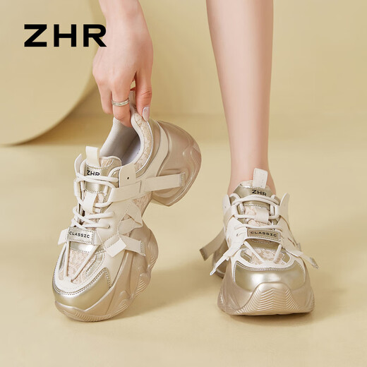 ZHR dad shoes for women retro thick sole heightened casual shoes for women light trendy comfortable women's shoes G677 gold 37