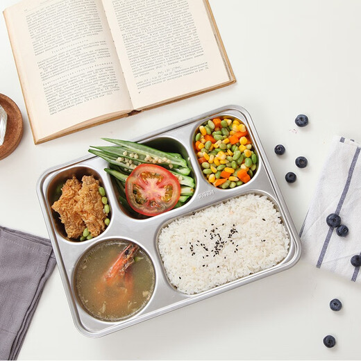 美厨（MAXCOOK）304不锈钢餐盘饭盒分格 快餐盘学生餐盒 大号加厚加深 5格分格餐盒+盖(MCFT724)
