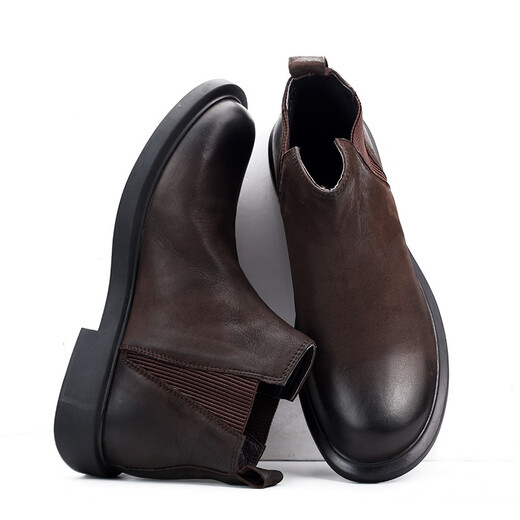 TYKT Martin Boots Men's Middle Top Winter Plus Fleece British Style High Top Shoes Retro Low Top Boots Chelsea Short Boots Leather Shoes Black Leather 39