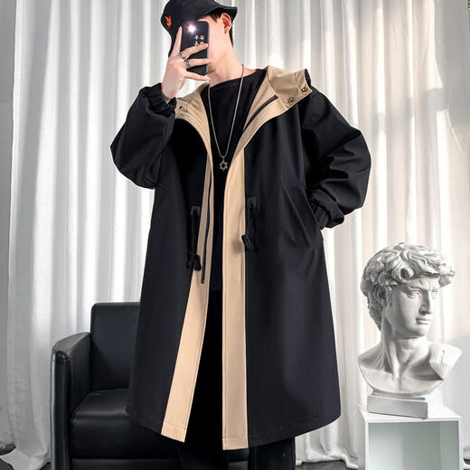 Kaduton autumn and winter long knee-length windbreaker men's hooded Korean large size loose contrast color splicing jacket men's coat trendy cloak black spring and autumn 3XL (recommended 180-200Jin Jin is equal to about 0.5 kg)