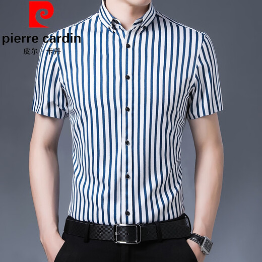 皮尔卡丹（pierre cardin）夏新款短袖弹力条纹衬衫男商务休闲免烫抗皱丝滑修身半袖衬衣衬衫 粉红色 D829短xiu有口袋 XL 40