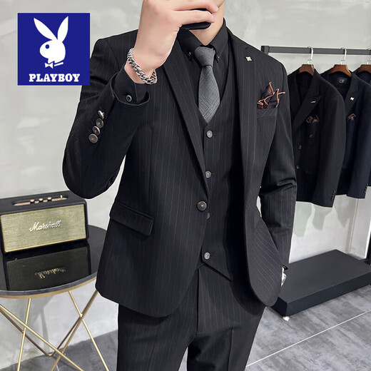 花花公子条纹西服套装男士正装职业小西装结婚新郎礼服修身商务休闲伴郎 雾灰色两件套 (上衣+裤子) 50/L 110-120斤穿