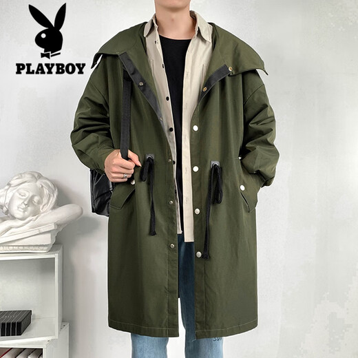 花花公子（PLAYBOY）中长款风衣男夏季棉薄潮牌休闲装棉服潮流连帽大衣宽松外套 F698绿色 M 90至120斤可穿