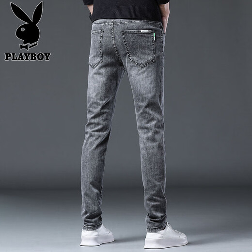 花花公子（PLAYBOY）牛仔裤男夏季新款潮流时尚修身小脚裤子男士休闲韩版弹力长裤男装 灰色X-1157HH1048 28