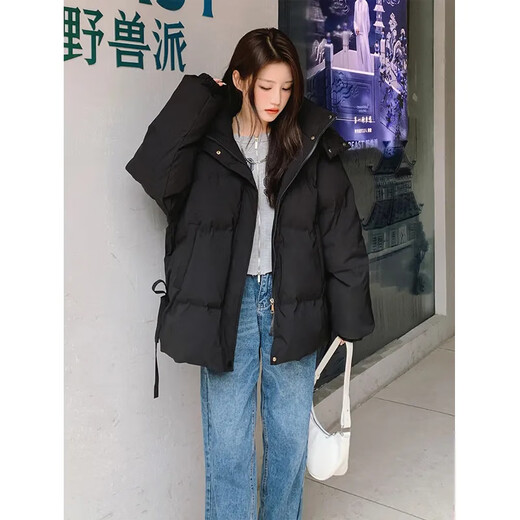 FeiLiFan down jacket for women 2025 winter new loose hooded bread jacket for women small short thickened cotton jacket black M (100-115Jin Jin equals 0.5kg)